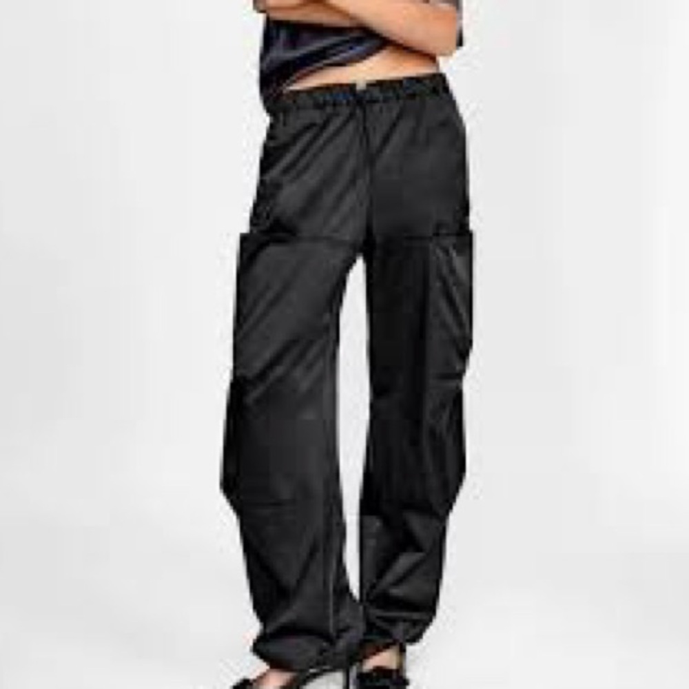 NWT Zara, Shimmering Black Satin, Ankle Drawstring Pants, Size Small